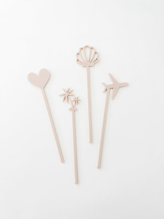 drink stirrers swizzle sticks heart, plane, palm tree and shell