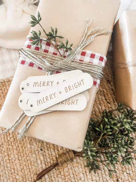 merry & bright wooden christmas gift tag